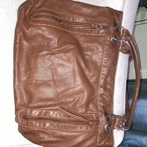 Bigger size satchel. Faux leather. Soft. Intact lining, brown